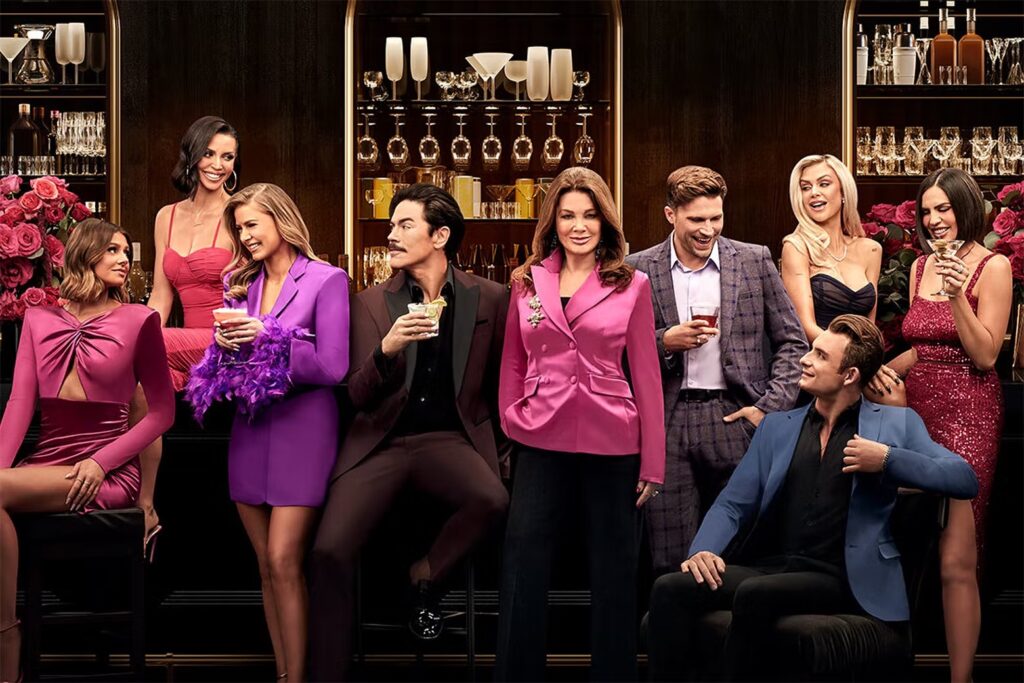 Promotion photo for Season 10 of Vanderpump Rules. The cast appears together in front of a bar, most enjoying cocktails. 