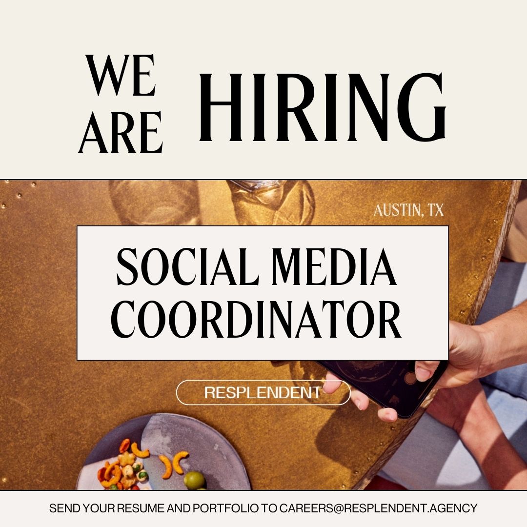 graphic that says "we are hiring a social media coordinator in Austin, Texas"